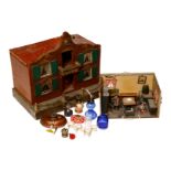Lagerhaus und kleine Puppenstube, mit versch. Zubehör, Schornstein fehlt (dort am Dach