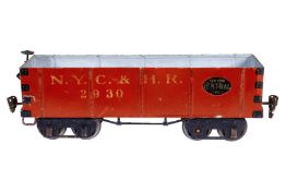 Märklin amerik. Hochbordwagen 2930, Spur 1, HL, Kleinteile tw NV, LS und gealterter Lack, L 28, Z 3