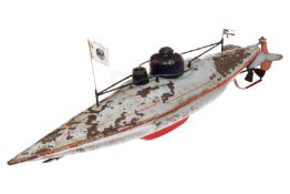 Bing größtes U-Boot, uralt, HL, Uhrwerk intakt, LS und Alterungsspuren, kleiner Deckel fehlt, Fahnen