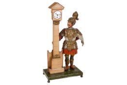 Museale Striebel Laterndl-Uhr, als Tischuhr, um 1850, mit Ritterfigur, Blech, fein handlackiert, mit