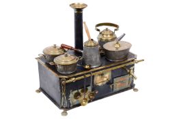 Sehr schöner früher BING Puppenherd, um 1890, mit Messingtürchen, seitlich Messing-Beschläge als