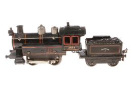 Bing B-Dampflok 2631, Spur 0, uralt, Starkstrom, schwarz, mit falschem Tender und 1 imit.
