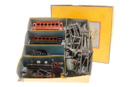 Bing Zugpackung, Spur 0, mit B-Dampflok 3105, Uhrwerk def., Tender und 2 Personenwagen, CL,