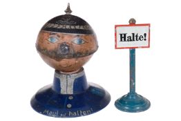 Uralt-Blechdose, Berliner Polizist mit Pickelhaube, HL, Kopf zum Öffnen, Scharnier fehlt, Aufschrift