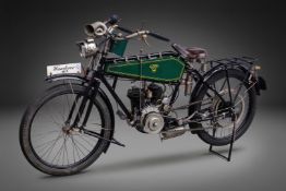 Wanderer Motorrad, 1913, 4 PS, 408 ccm, mit Original-Scheinwerfer und Ball-Hupe. Es handelt sich