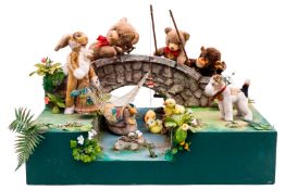 Steiff Schaufenster-Automat, Ententeich, mit fischenden Bären, Hase und Affe, elektrisch, 5 Tiere