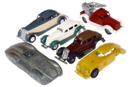 Konv. 6 Märklin Fahrzeuge, Guss, tw besch. und nachlackiert, LS, L 10-13,5, Z 3-4