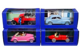 4 Tintin Autos, Maßstab 1:43, darunter Ford Club Cabriolet und Morris Six etc., je im OK, Z 1-2