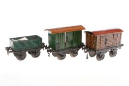 3 Güterwagen, Spur 1, tw Bing, uralt, HL und CL, tw nachlackiert, L 14, Z 3