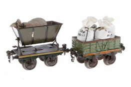 2 Märklin Spur 1-Wagen, Kipplore und offener Güterwagen mit Kohlesäcken, Alterungs- und