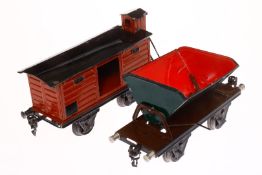 2 Märklin Güterwagen, Spur 1, HL, 1 Aufnahme von Kipplore und 1 Puffer vom Gepäckwagen fehlen, L 20,