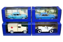 4 Tintin Autos, Maßstab 1:43, darunter Mercedes 15/70 etc., je im OK, Z 1-2