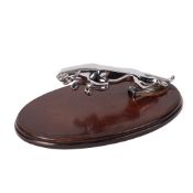 Original Jaguar car mascot mounted on oval plinth, 25.5cm wide, 16cm deep, 9cm tall. In good
