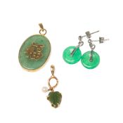 A pair of jade disc earrings, a nephrite jade and pearl pendant, set as a leaf and berry, and a jade