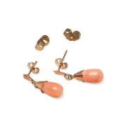 A pair of 9ct gold and coral drop earrings, the teardrop coral drops of approximately 14mm, with 9ct