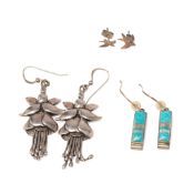 A pair of C. Webster, USA, Sterling silver, opal and blue stone drop earrings, signed and marked