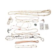 A group of mother-of-pearl, coral and beaded jewellery including an Alpaca Mexico silver and abalone