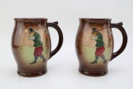 Two Royal Doulton Kingsware golfing scene tankards (2), 14.5cm tall. In good condition with no