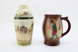 Royal Doulton hunting scene cocktail shaker (without lid) with a Kingsware golfing scene tankard (