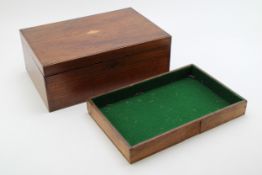 An antique mahogany jewellery box, with inner tray and green baize interior, inlaid marquetry