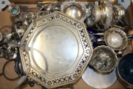 Silver plate to include candlesticks, serving trays and others (Qty).