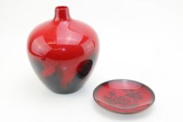 Royal Doulton flambe veined vase 1616, 22.5cm tall, with a 1621 Woodcut saucer, 16cm diameter (2).