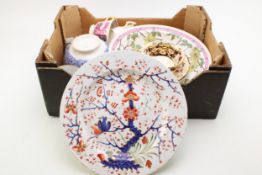Early ceramics to include a Derby Kakiemon plate, 25cm diameter, with a Minton floral bowl, an Imari