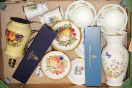 An Aynsley 'Orchard Gold' lamp base, a pair of Aynsley footed bowl with still life decoration, a