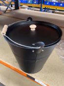 Black metal bucket with lid
