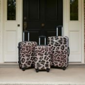 RRP £101 - OHS 4 Wheel Leopard Print Hard Shell Suitcase, Natural - 3 Pack