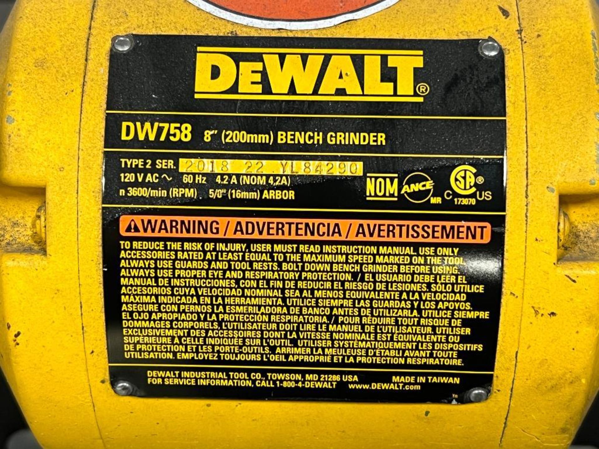 DeWalt model DW758 8 inch bench grinder on pedistal. 120V, 3600/min RPM.