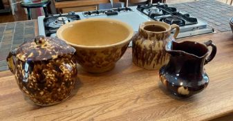 Group of 4 Antique Rockingham-Glazed Yellow Ware Pottery Pieces