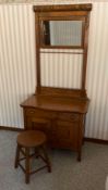 Antique Oak Washstand with Mirror and Towel rack