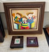 Signed Painting by Joyce Royval with 2 Framed Vintage Stamps