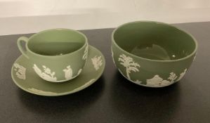 Wedgwood Green Jasperware Bowl and Teacup with Saucer