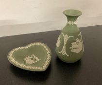Wedgwood Green Jasperware Vase and Heart-Shaped Trinket Dish