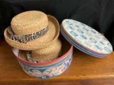 2 Vintage Straw Sun Hats with Vintage Hat Box