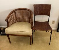 Vintage Cane Back Barrell Chair with Rattan Indoor-Outdoor Chair