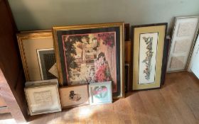 Large Group of Framed Prints and Embroidery