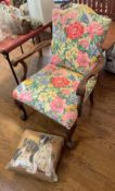 Vintage Floral Upholstered Armchair with Embroidered Dog Stool