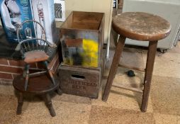 2 Vintage Wooden Crates with Stools and Doll Chair