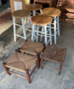 4 Matching Stools and 3 Woven Rush Small Stools