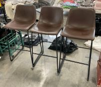 Set of 3 Counter Height Leather and Wrought Iron Bar Stools
