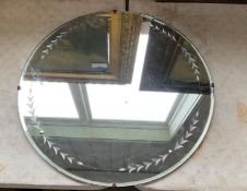 Vintage Etched Glass Frameless Art Deco Wall Mirror
