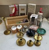 Assorted Brass Candle Holders and Decorative Box