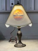 Vintage Lithophane Pull Chain Table Lamp with Brass Hardware