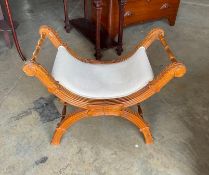 French Style Curule Stool with Carved X-Frame Base and Scrolled Arm Rests