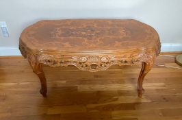 Early 20th Century Rococo Revival Hand Carved Walnut Coffee Table with Rosewood Marquetry Inlay