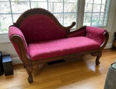 Antique Victorian Chaise Lounge with Intricate Carved Wood Frame