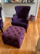 Aubergine Velvet Upholstered Wing Back Armchair with Ottoman